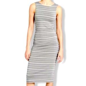 ATHLETA Size M Comeback Striped Tank Dress Stretch Cinched Gray White Bodycon